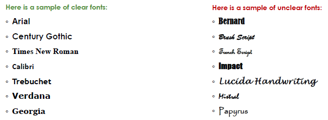 Comparison display of fonts that read easily and those that do not. Readable samples include: arial, century gothic, times new roman, calibri, trebuchet, verdana, georgina. Fonts that are unclear: bernard, brush script, french script, impact, lucida handwritting, mistral, paryrus.
